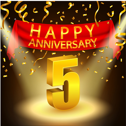 happy-5th-anniversary-celebration-with-golden-confetti-and-spotlight-vector-id502008534