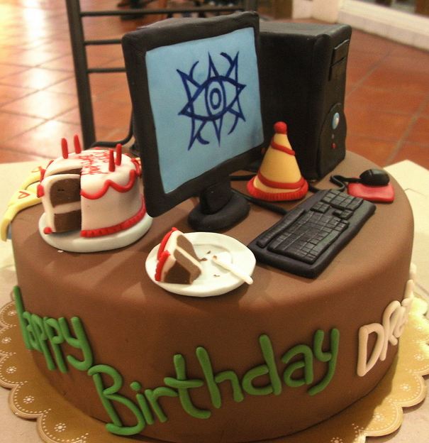 Chocolate+birthday+cake+with+computer+and+faux+cake+topper.JPG